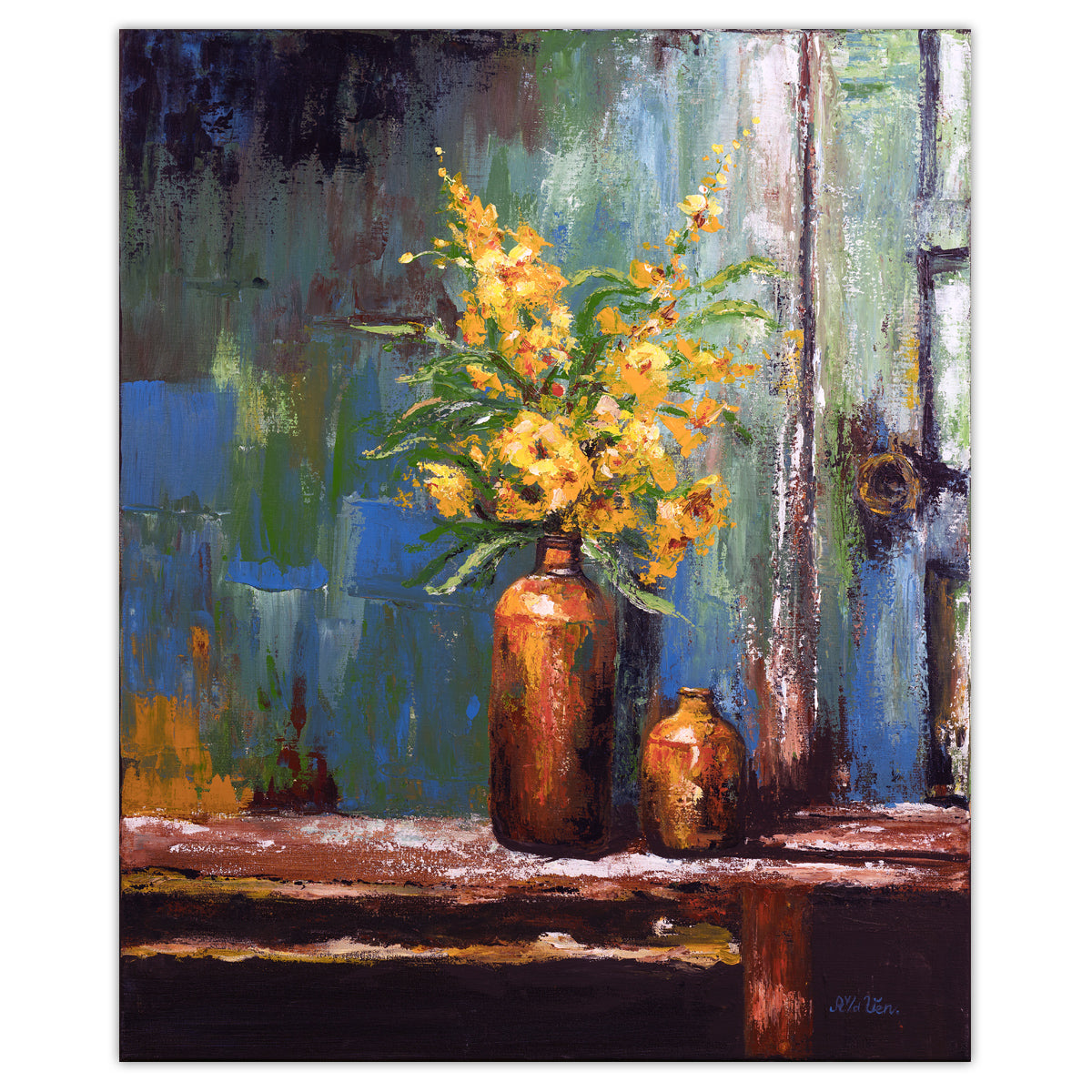 Pintura orquídea en jarrón 70x85 cm