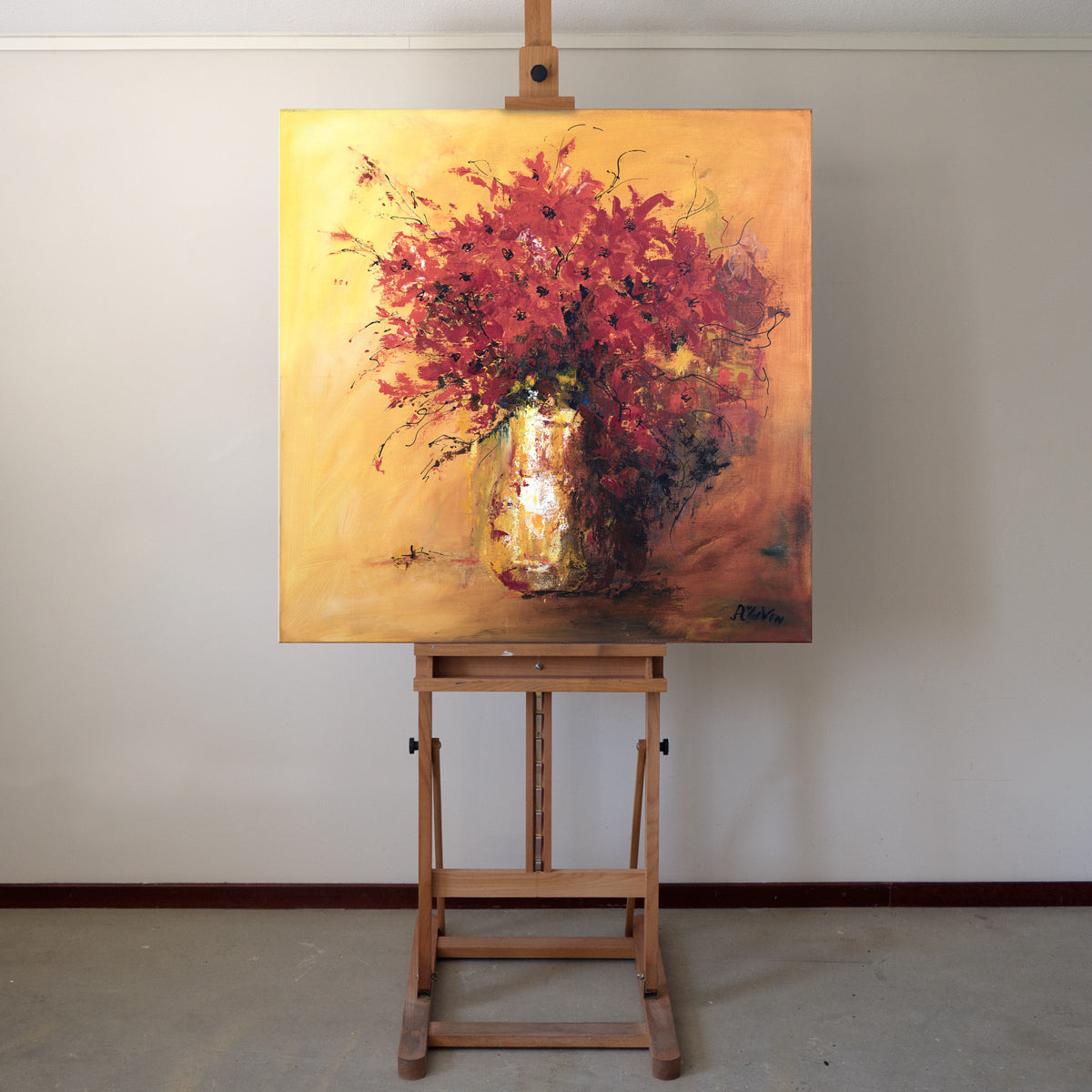 Blumen in Kupfervasen Gemälde 80x80 cm