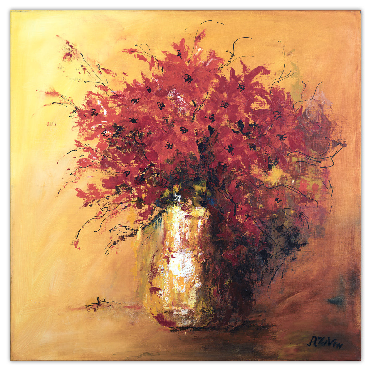 Blumen in Kupfervasen Gemälde 80x80 cm