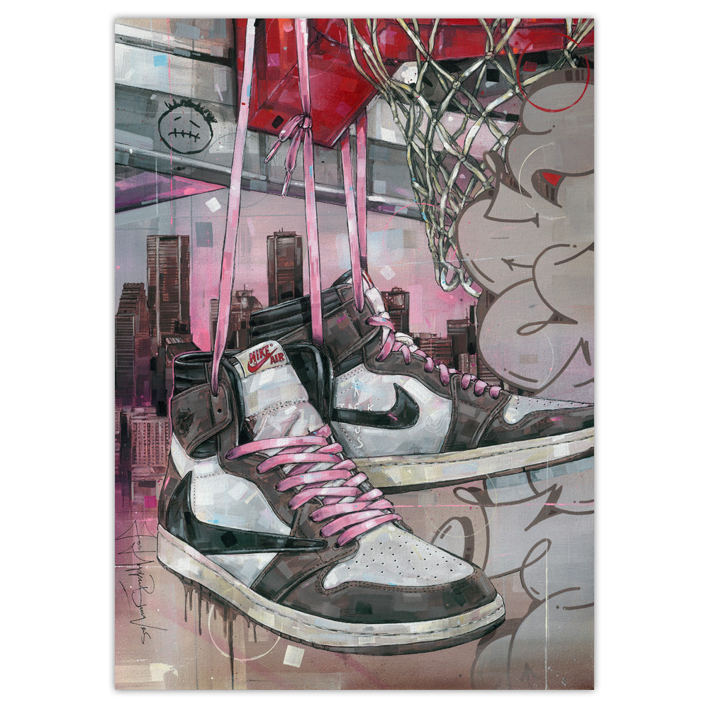 Nike Air Jordan Travis Scott high pink laces basket art print