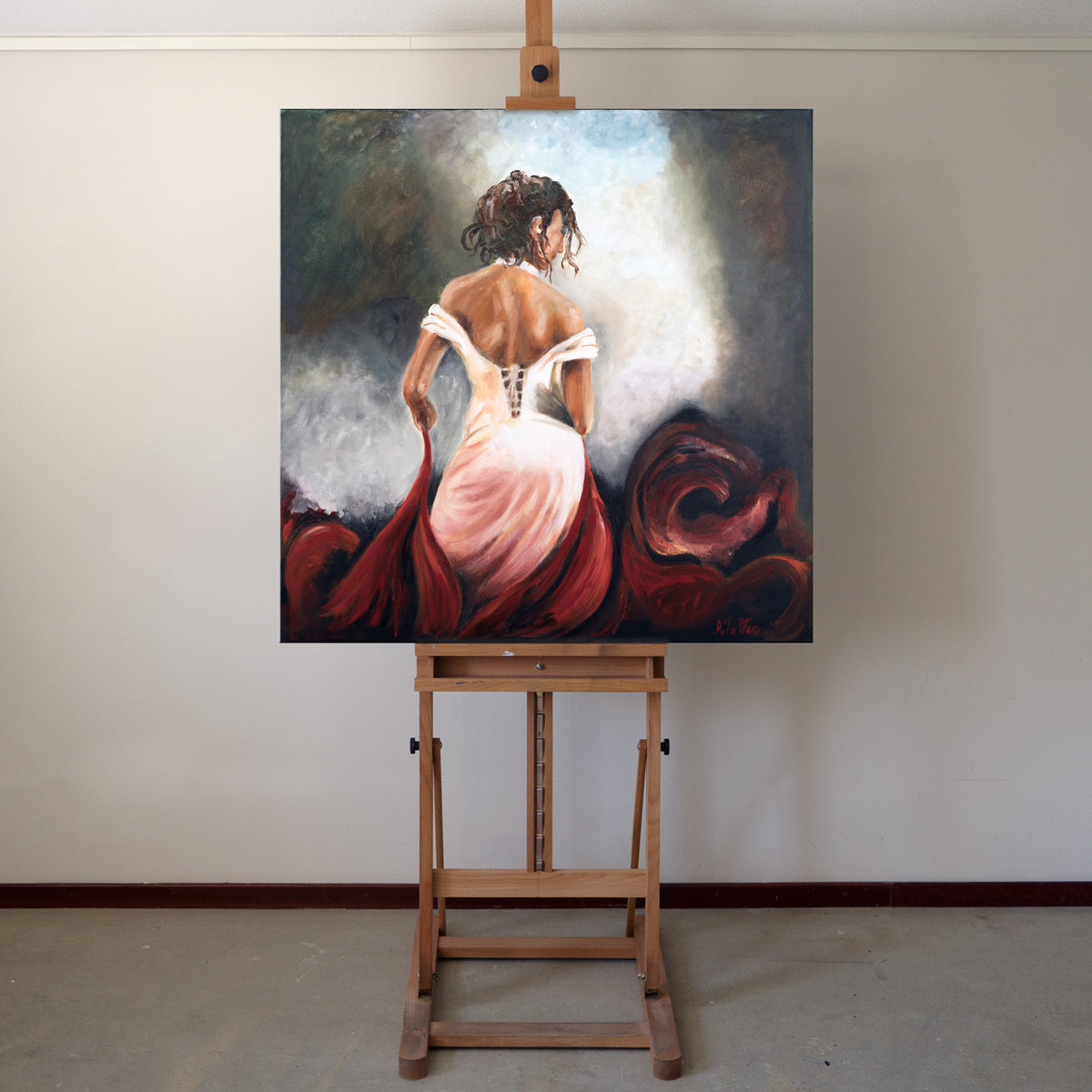 Pintura mujer en rojo 100x100 cm