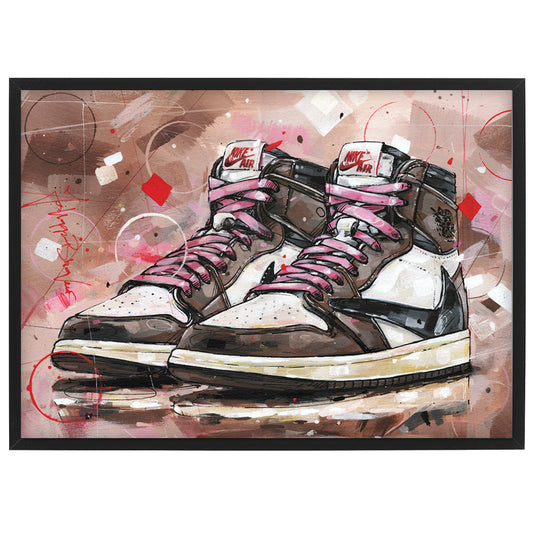 Nike Air Jordan 1 high - pink laces print 42x29,7 cm (A3) - ingelijst & gesigneerd
