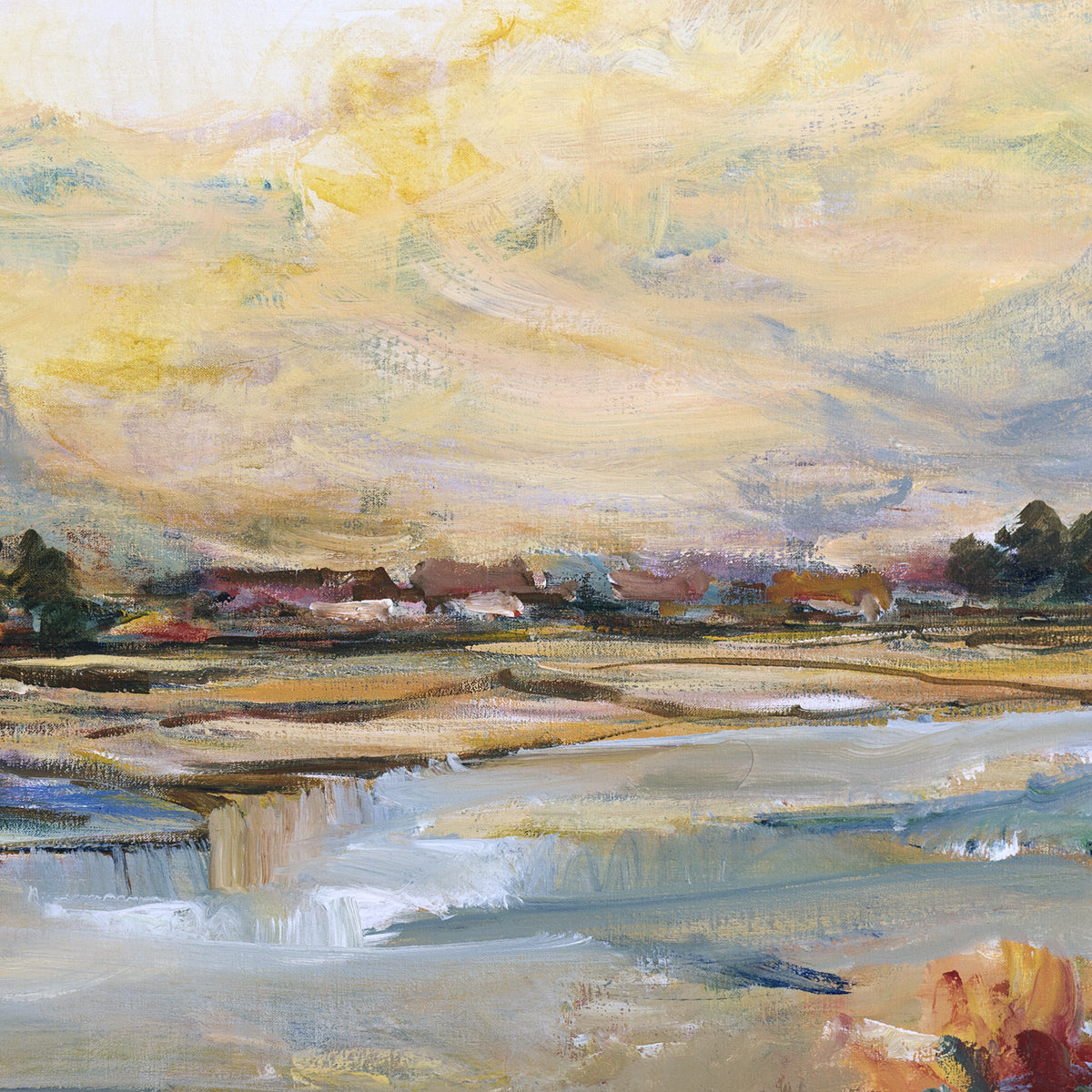 Rivier dorp schilderij 100x100 cm