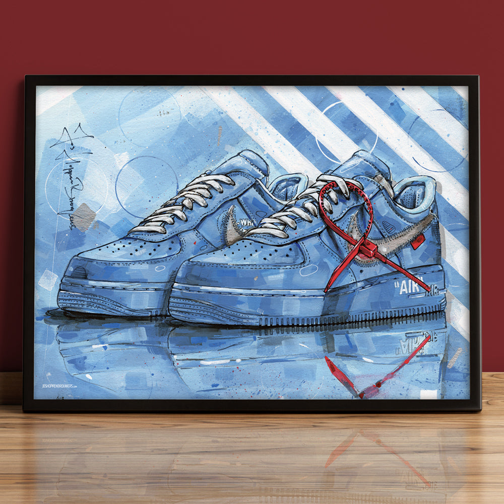 Nike Air Force 1 low university blue full colour print 70x50 cm - framed & signed