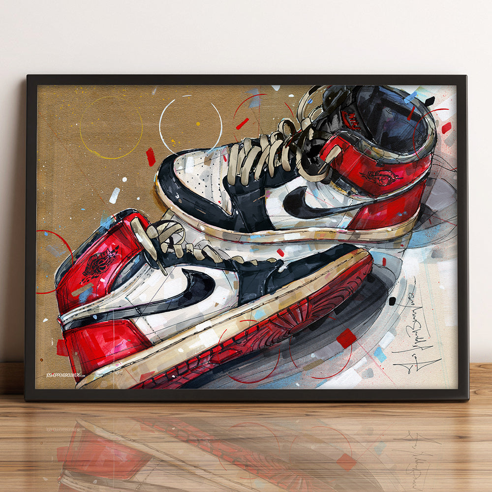 Nike Air Jordan 1 1984 black toe - white laces print 70x50 cm - framed & signed