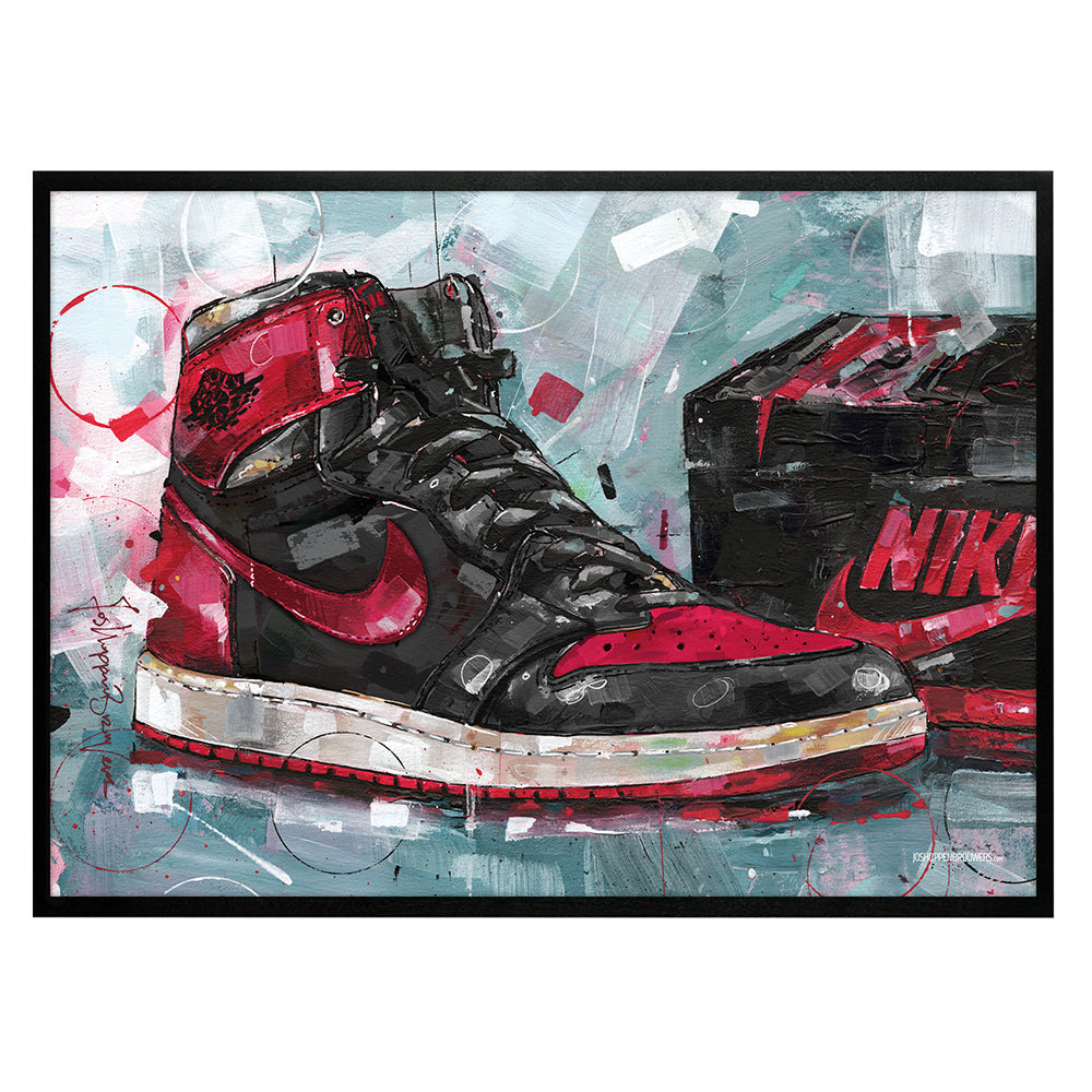 Nike Air Jordan 1 shoebox banned bred Druck 70x50 cm - gerahmt und signiert