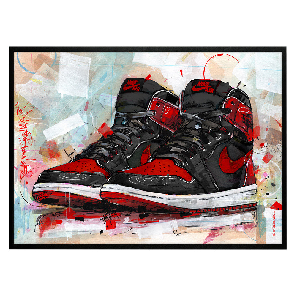 Nike Air Jordan 1 retro high banned bred estampado 70x50 cm - enmarcado y firmado