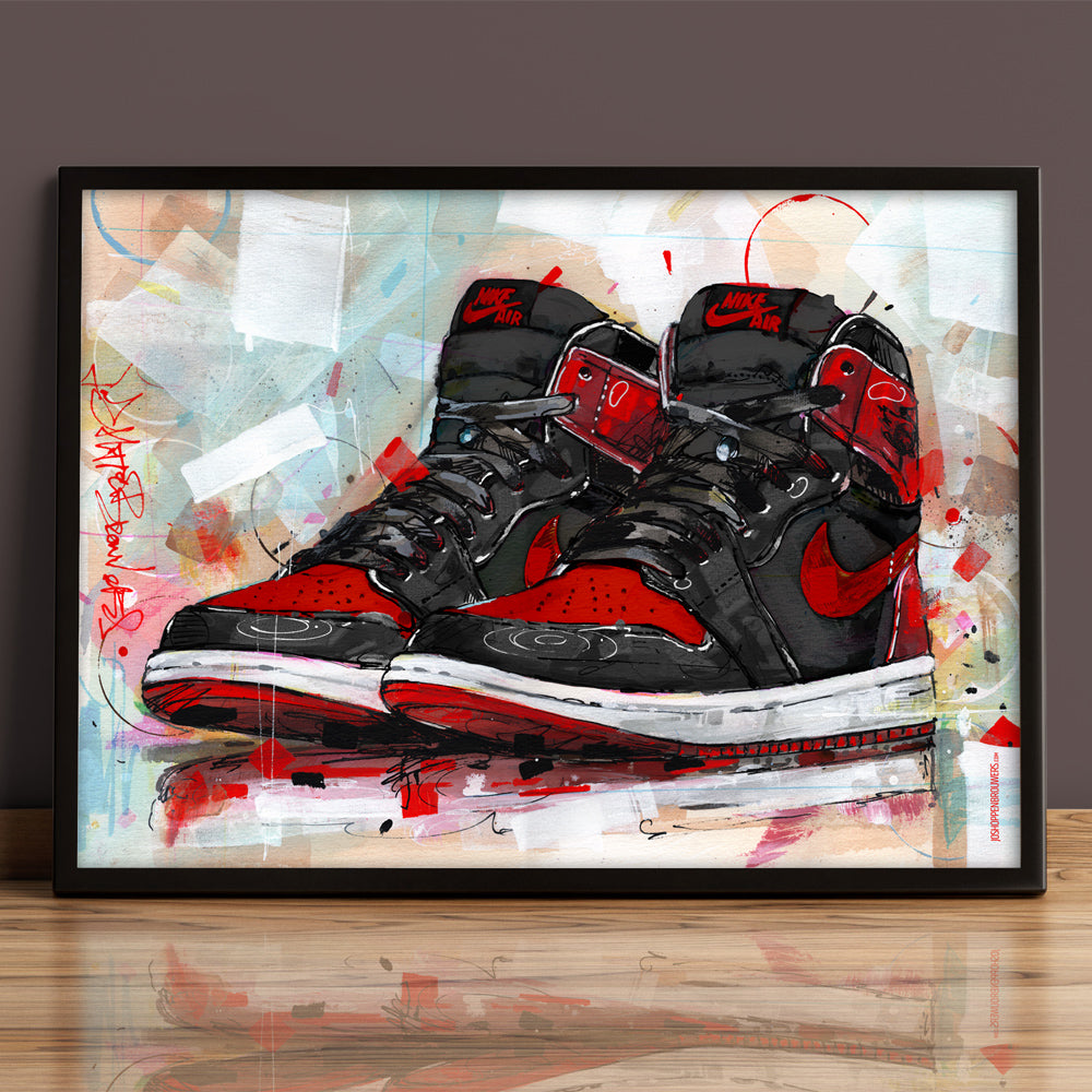 Nike Air Jordan 1 retro high banned bred imprimé 70x50 cm - encadré et signé