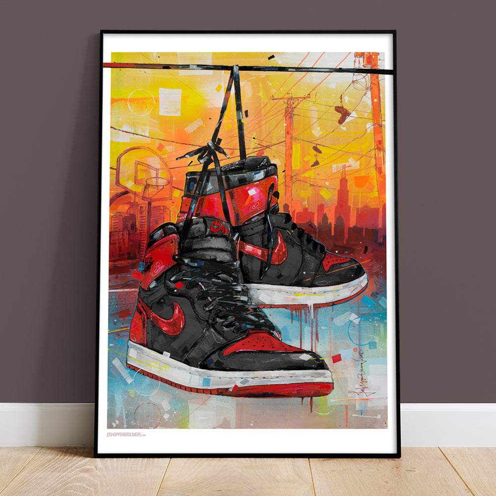 Nike Air Jordan 1 powerlines banned bred estampado 50x70 cm - enmarcado y firmado