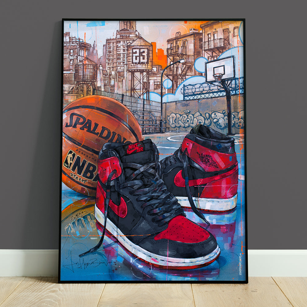 Nike Air Jordan 1 basketball banned bred Druck 50x70 cm - gerahmt und signiert