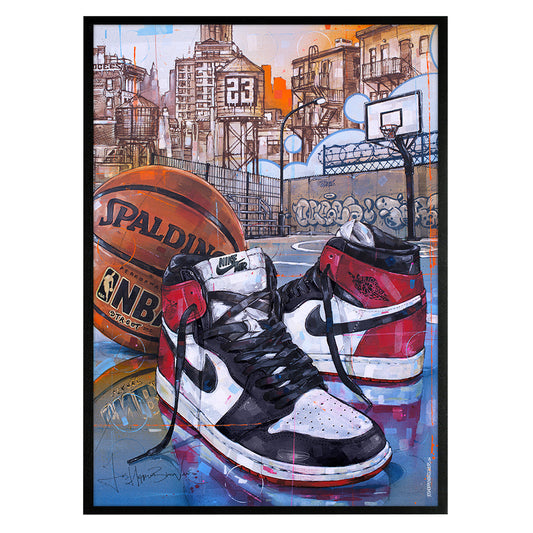 Nike Air Jordan 1 basketball black toe estampado 50x70 cm - enmarcado y firmado