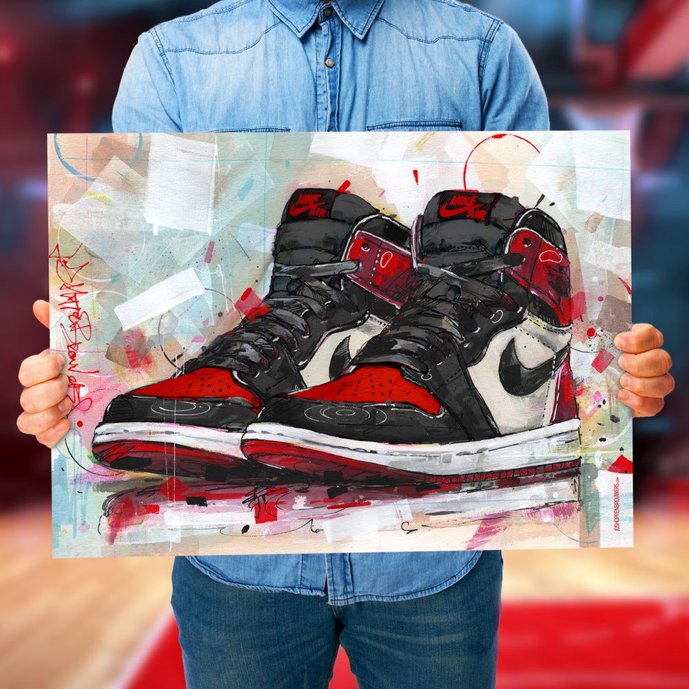 Nike Air Jordan 1 retro high bred toe print 70x50 cm - ingelijst & gesigneerd