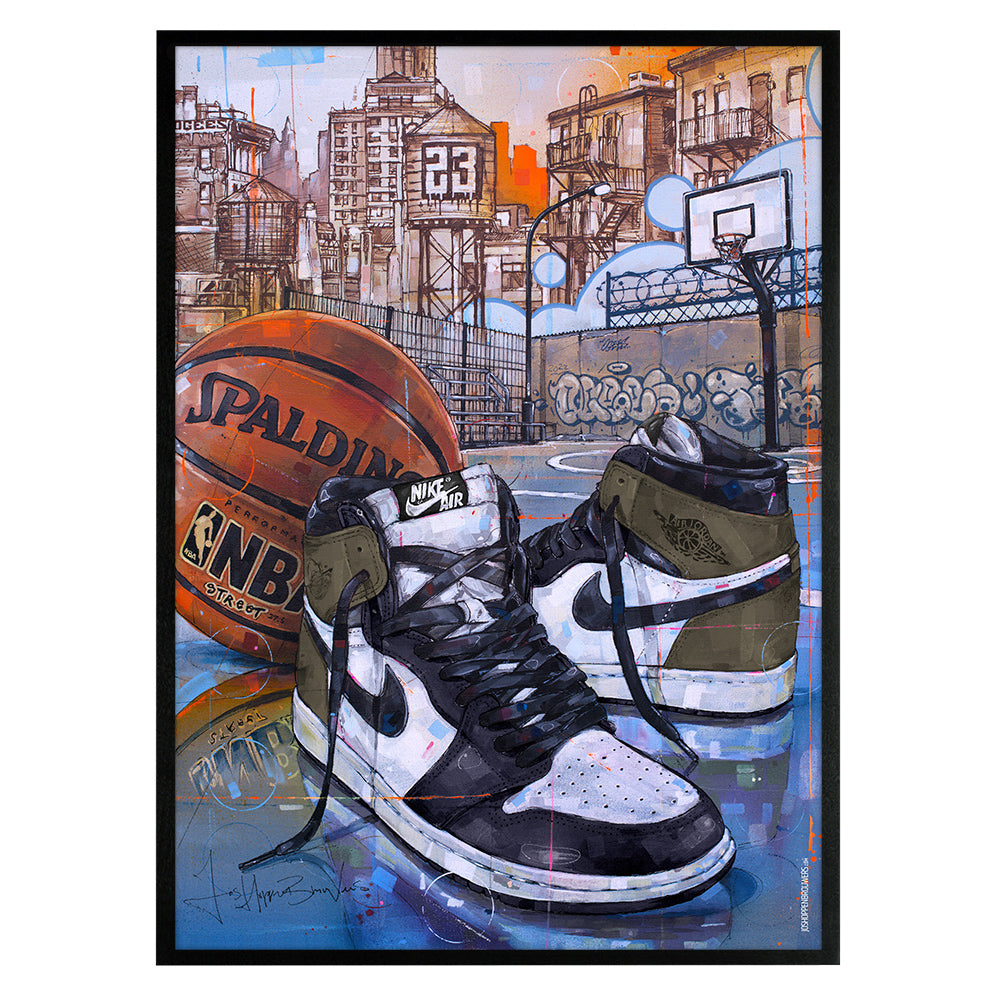 Nike Air Jordan 1 basketball dark mocha print 50x70 cm - framed & signed