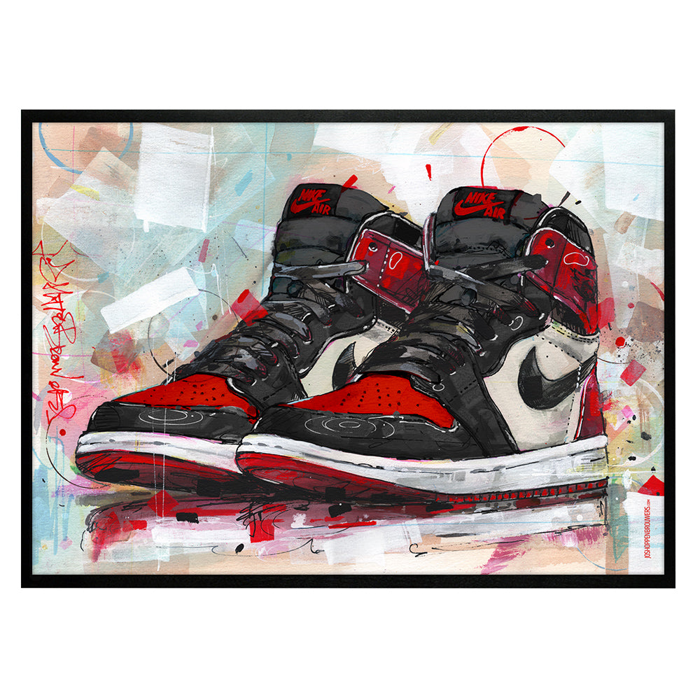 Nike Air Jordan 1 retro high bred toe estampado 70x50 cm - enmarcado y firmado