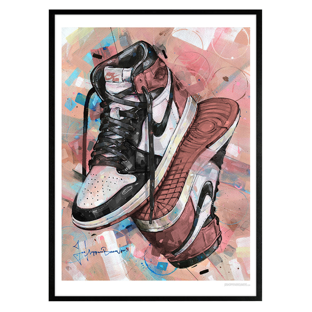 Nike Air Jordan 1 upside down rust pink print 50x70 cm - ingelijst & gesigneerd