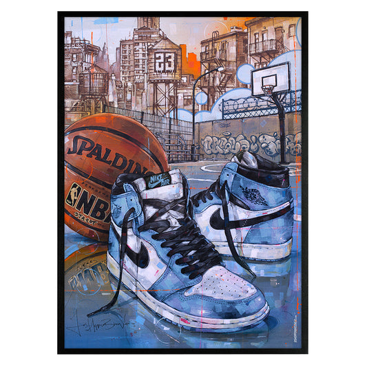 Nike Air Jordan 1 basketball university blue estampado 50x70 cm - enmarcado y firmado