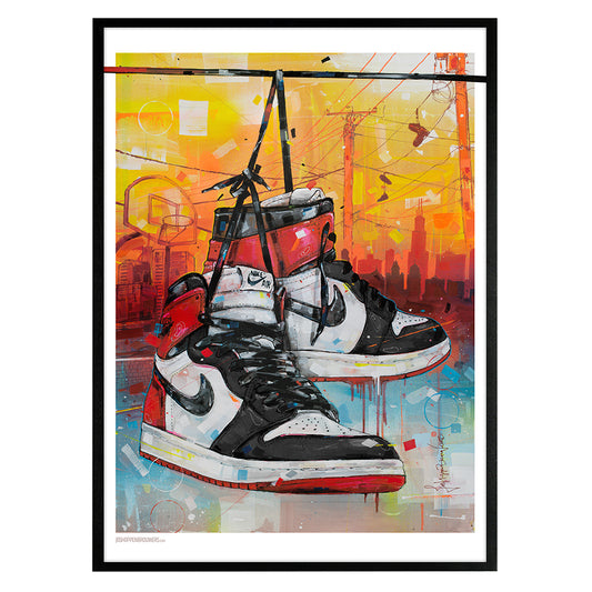 Nike Air Jordan 1 powerlines black toe estampado 50x70 cm - enmarcado y firmado