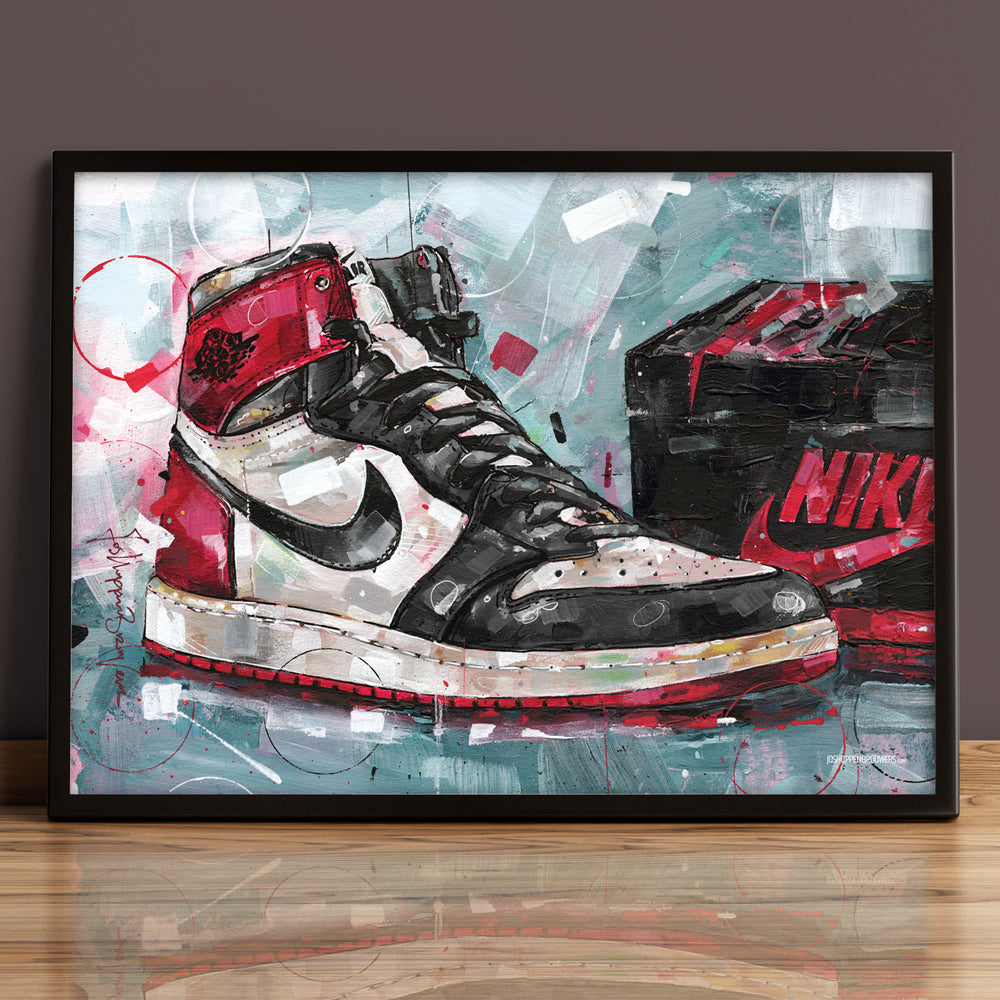 Nike Air Jordan 1 shoebox black toe estampado 70x50 cm - enmarcado y firmado