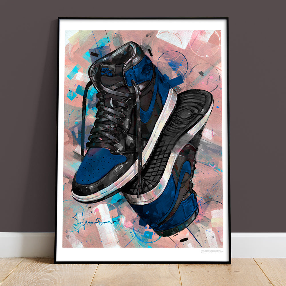 Nike Air Jordan 1 upside down royal blue estampado 50x70 cm - enmarcado y firmado