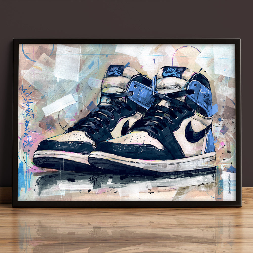 Nike Air Jordan 1 retro high obsidian blue print 70x50 cm - framed & signed