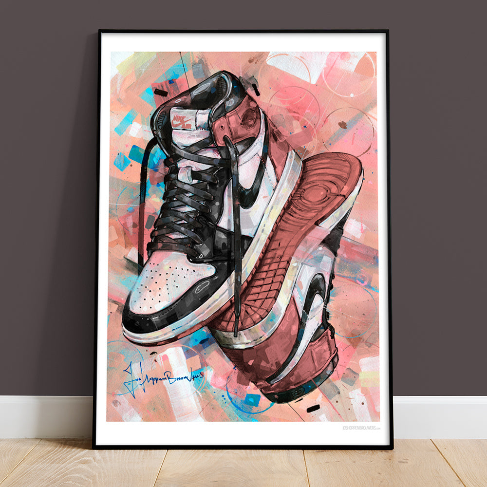 Nike Air Jordan 1 upside down rust pink print 50x70 cm - ingelijst & gesigneerd