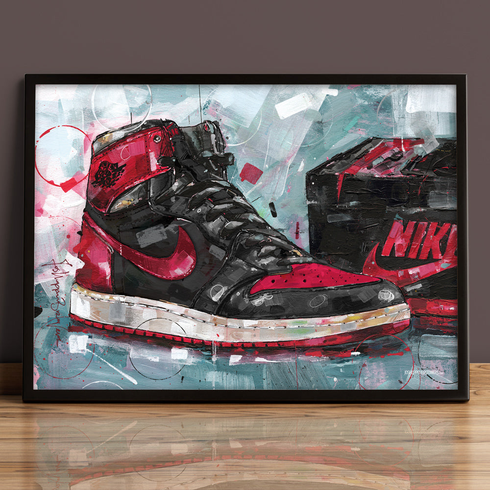 Nike Air Jordan 1 shoebox banned bred Druck 70x50 cm - gerahmt und signiert