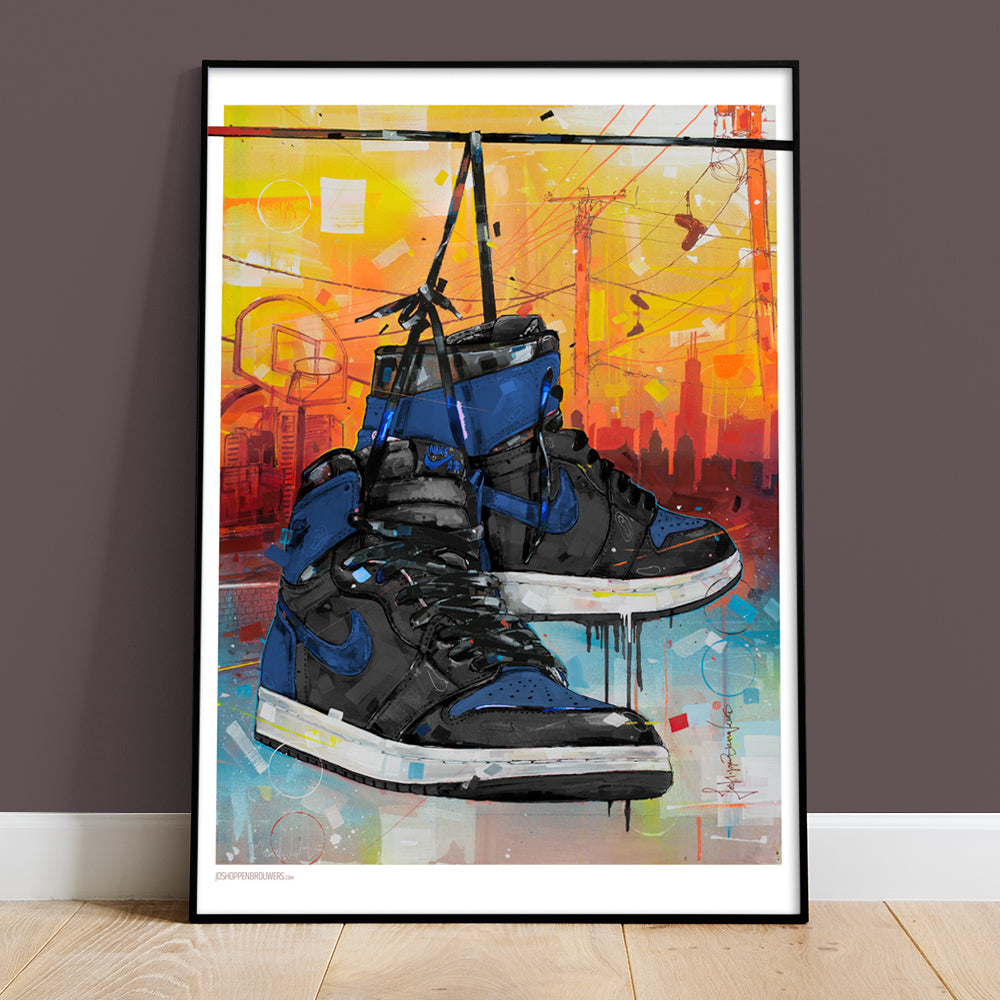 Nike Air Jordan 1 powerlines royal blue Druck 50x70 cm - gerahmt und signiert