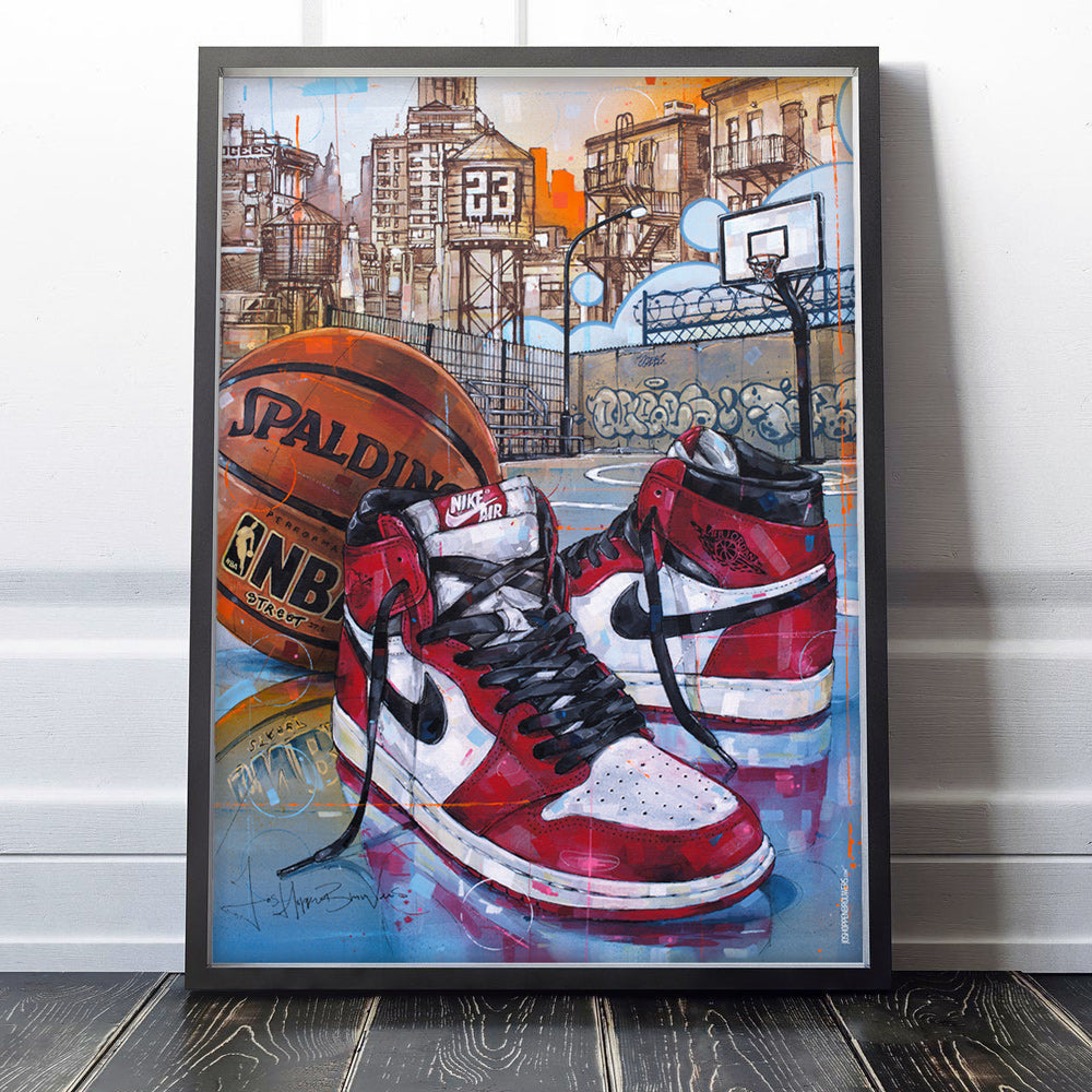 Nike Air Jordan 1 basketball Chicago print 50x70 cm - ingelijst & gesigneerd