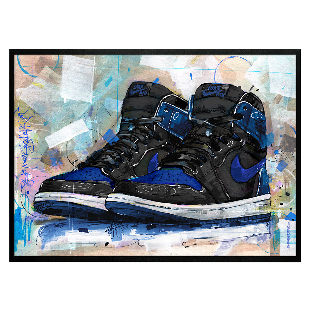Nike Air Jordan 1 retro high royal blue print 70x50 cm - ingelijst & gesigneerd