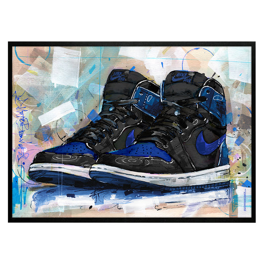 Nike Air Jordan 1 retro high royal blue estampado 70x50 cm - enmarcado y firmado