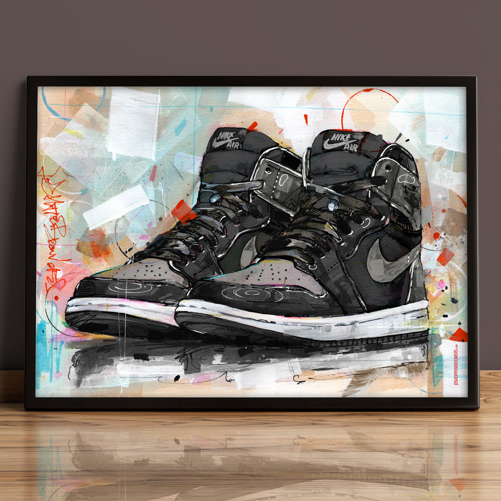 Nike Air Jordan 1 retro high shadow 1.0 print 70x50 cm - ingelijst & gesigneerd