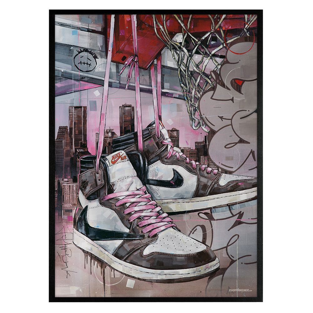 Nike Air Jordan 1 high - pink laces basket imprimé 50x70 cm - encadré et signé