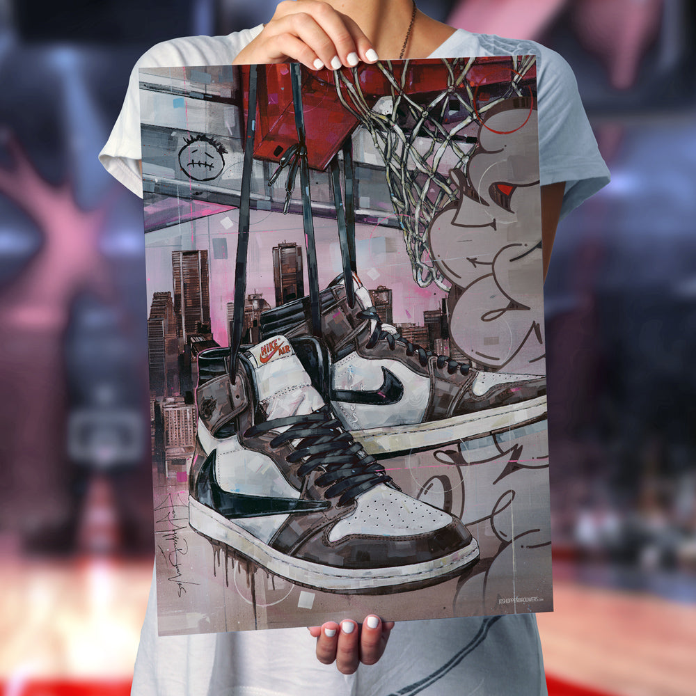 Nike Air Jordan 1 high - black laces basket print 50x70 cm - ingelijst & gesigneerd