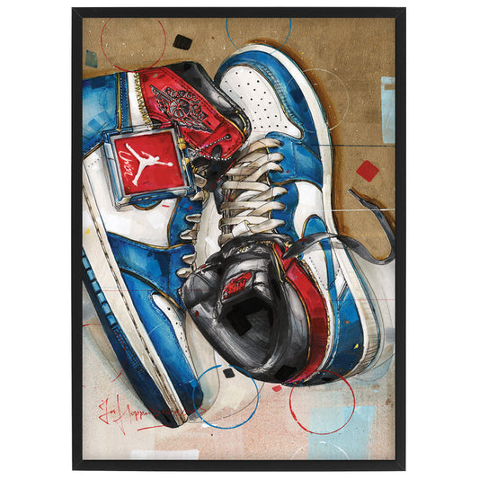 Nike Air Jordan 1 Union LA blue toe print 29,7x42 cm (A3) - ingelijst & gesigneerd