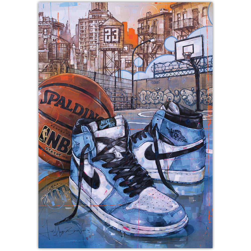 Nike Air Jordan 1 basketball university blue print 29,7x42 cm (A3) - framed & signed