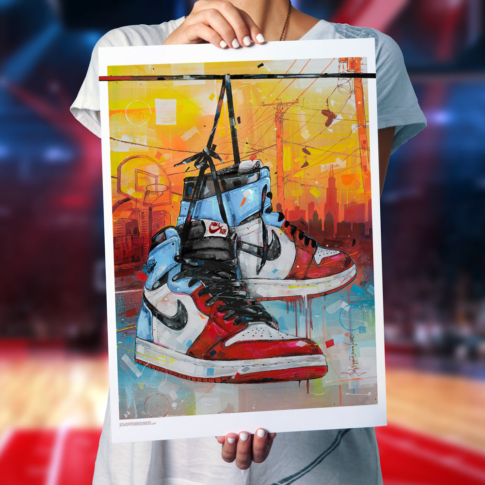 Nike Air Jordan 1 powerlines fearless Chicago print 50x70 cm - ingelijst & gesigneerd