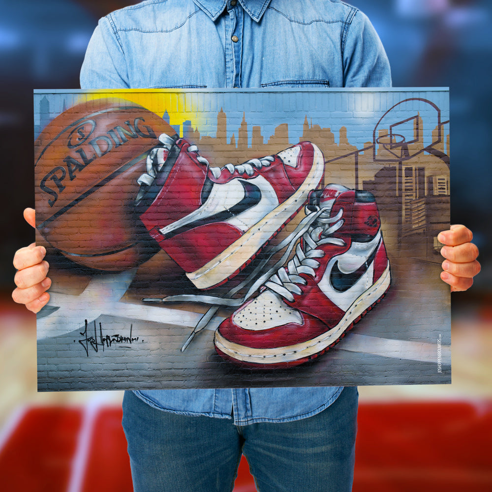 Nike Air Jordan 1 basketball graffiti Chicago imprimé 70x50 cm - encadré et signé