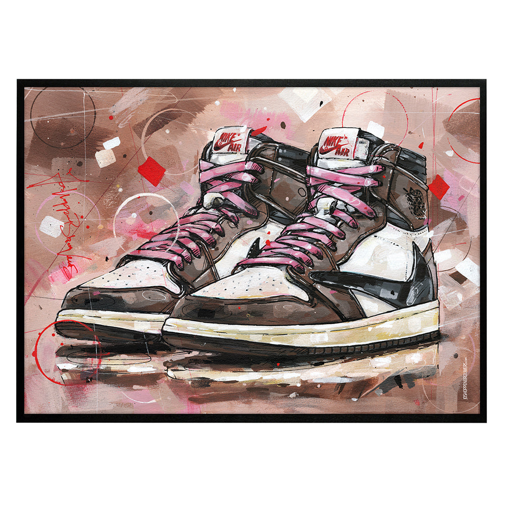 Nike Air Jordan 1 high - pink laces print 70x50 cm - ingelijst & gesigneerd