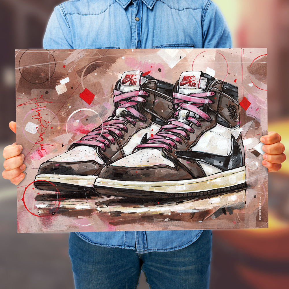 Nike Air Jordan 1 high - pink laces print 70x50 cm - ingelijst & gesigneerd