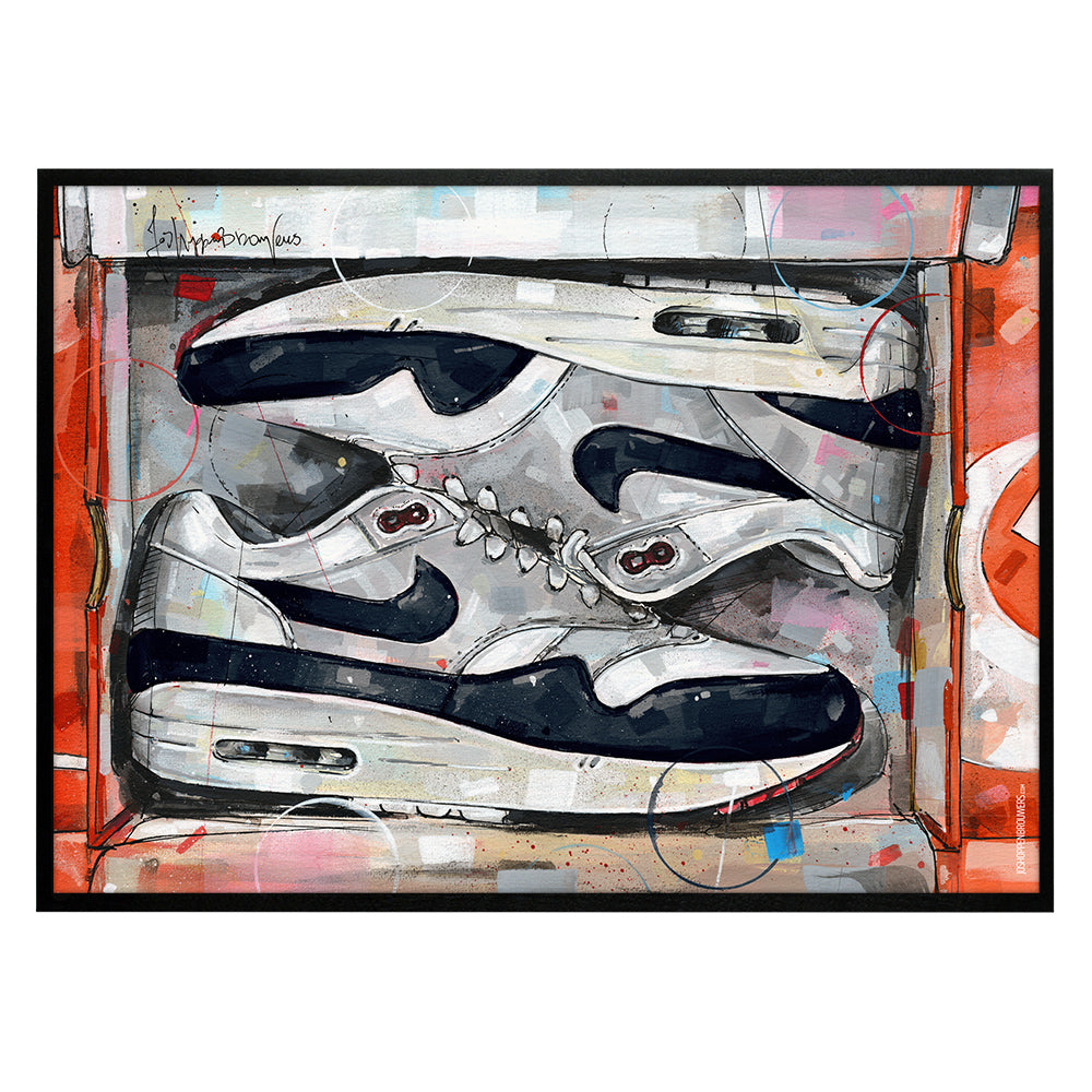 Nike Air Max 1 shoebox OG dark obsidian print 70x50 cm - framed & signed