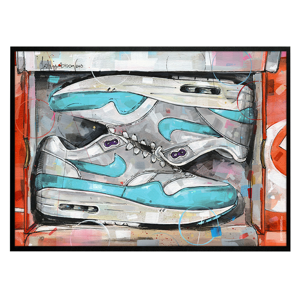 Nike Air Max 1 shoebox OG aqua purple estampado 70x50 cm - enmarcado y firmado