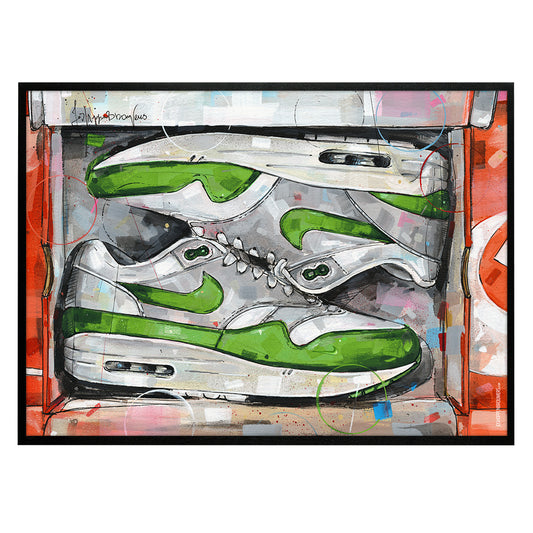 Nike Air Max 1 shoebox Patta green estampado 70x50 cm - enmarcado y firmado