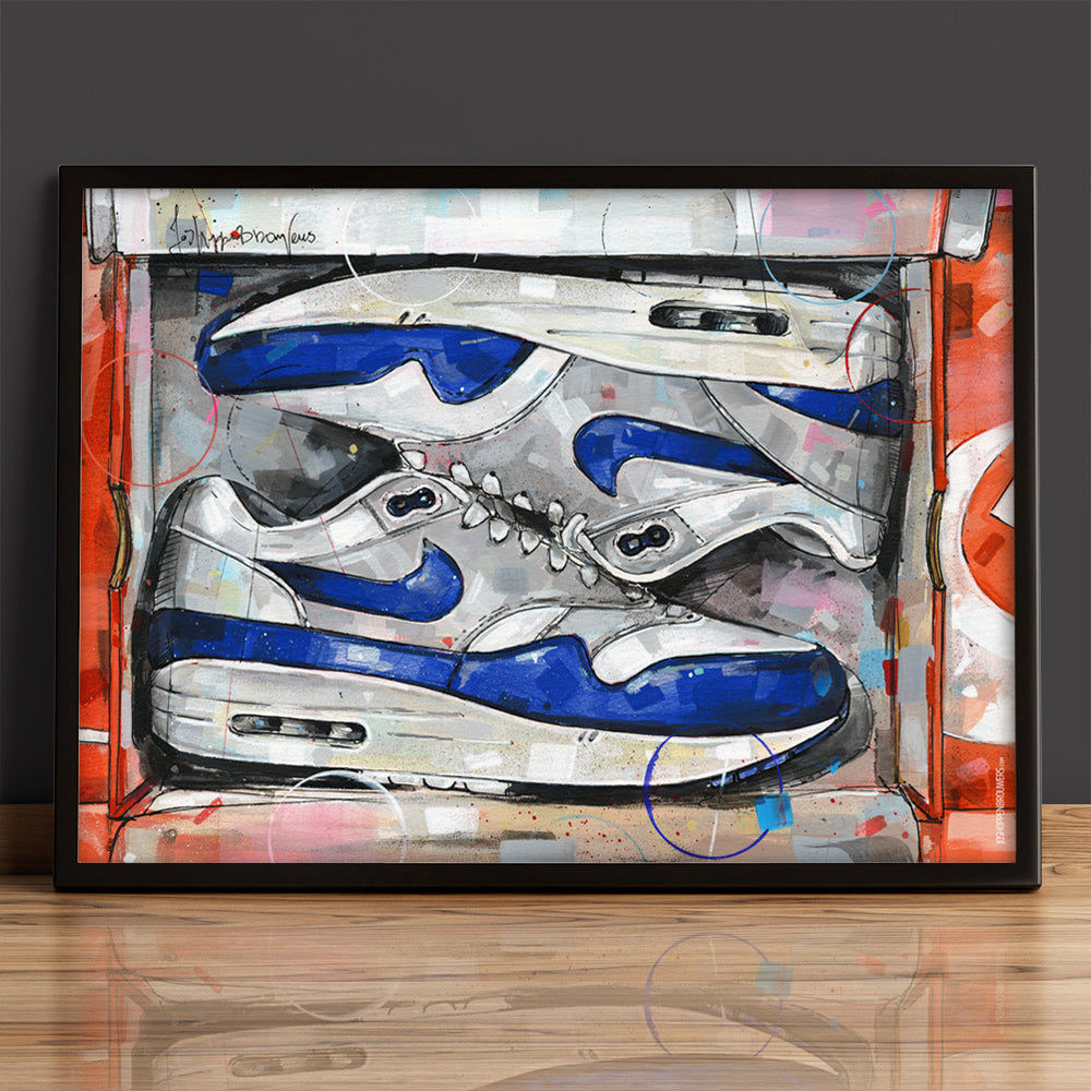 Nike Air Max 1 shoebox OG blue print 70x50 cm - ingelijst & gesigneerd