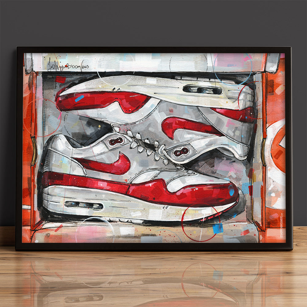 Nike Air Max 1 shoebox OG red Druck 70x50 cm - gerahmt und signiert