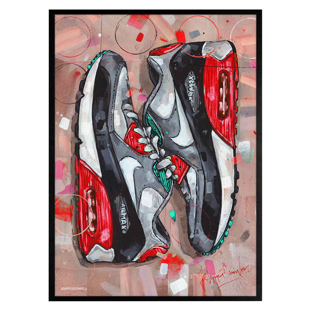 Nike Air Max 90 sideways red print 50x70 cm - framed & signed