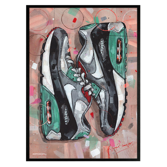 Nike Air Max 90 sideways green estampado 50x70 cm - enmarcado y firmado