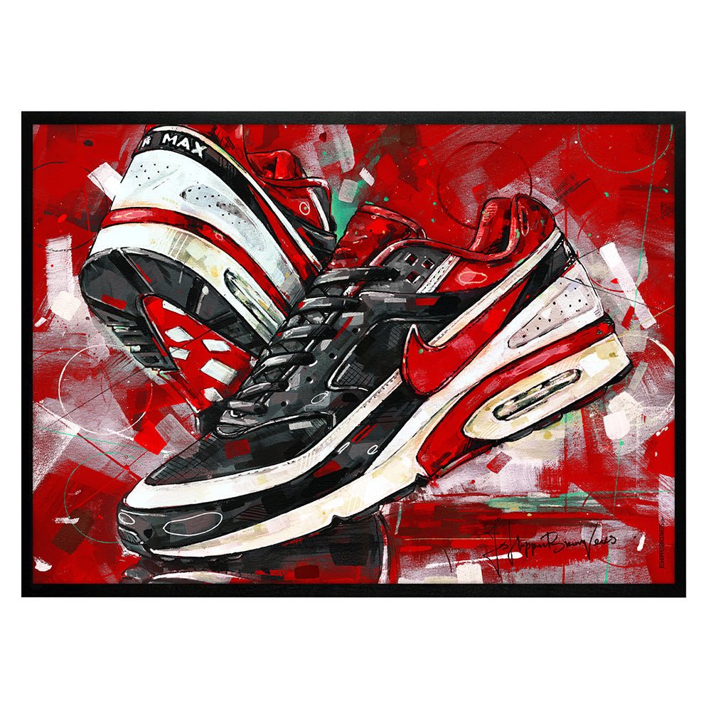 Nike Air Max classic BW varsity red full colour Druck 70x50 cm - gerahmt und signiert