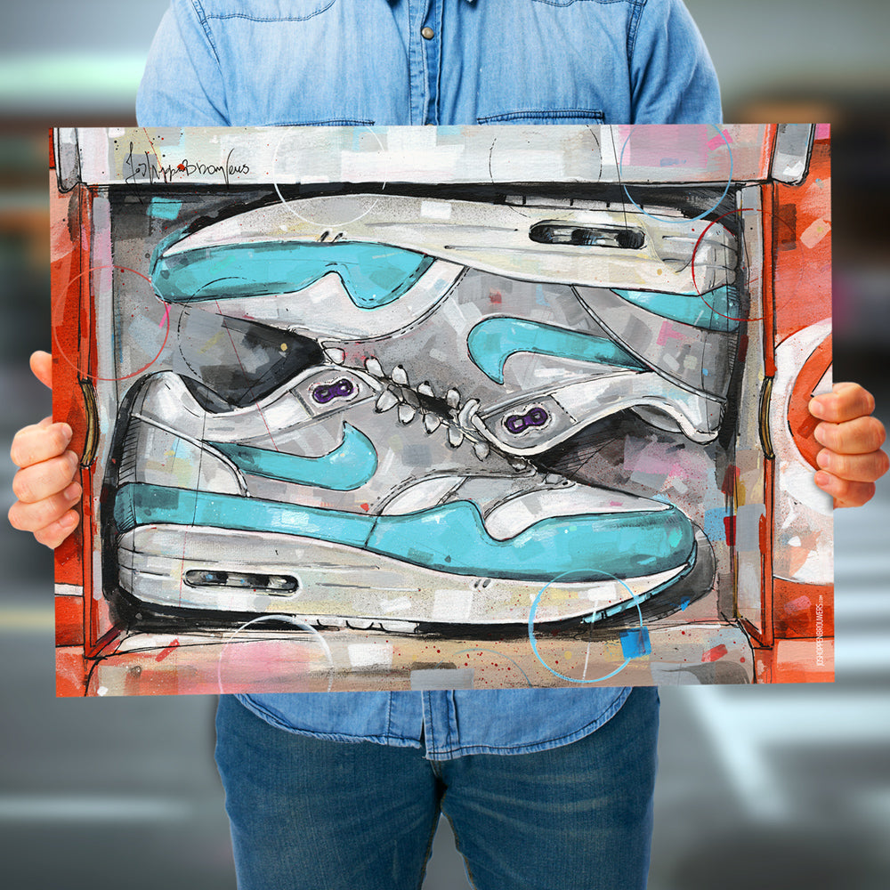 Nike Air Max 1 shoebox OG aqua purple imprimé 70x50 cm - encadré et signé