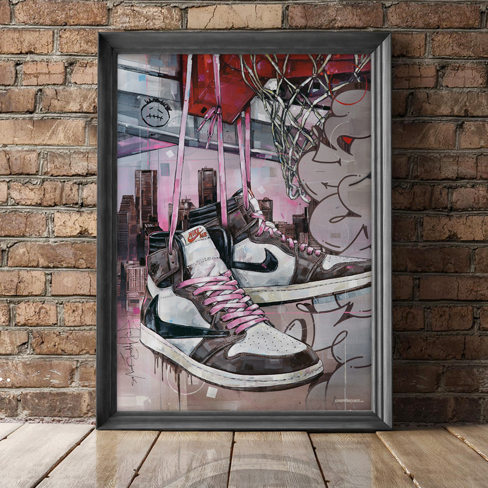 Nike Air Jordan 1 high - pink laces basket print 50x70 cm - ingelijst & gesigneerd