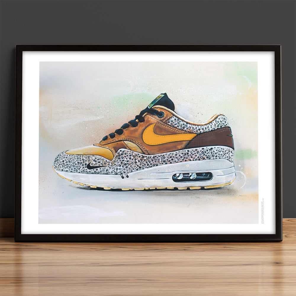 Nike Air Max 1 atmos safari orange print 70x50 cm - framed & signed